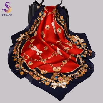 BYSIFA|Klasická Červená Čierna Hodvábna Šatka Vytlačené Jeseň Zima Ženy Námestie Šatky Hijabs Reťazca Čela Dizajn 70cm Módne Krku Šatku